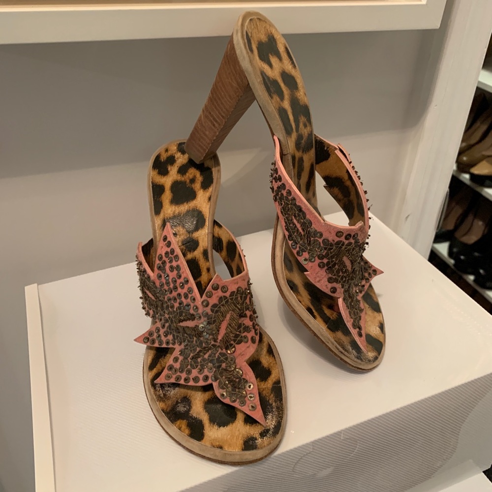 ROBERTO CAVALLI bronze sequin, dusty pink,  4" sandal heels leopard sole Sz 9.5